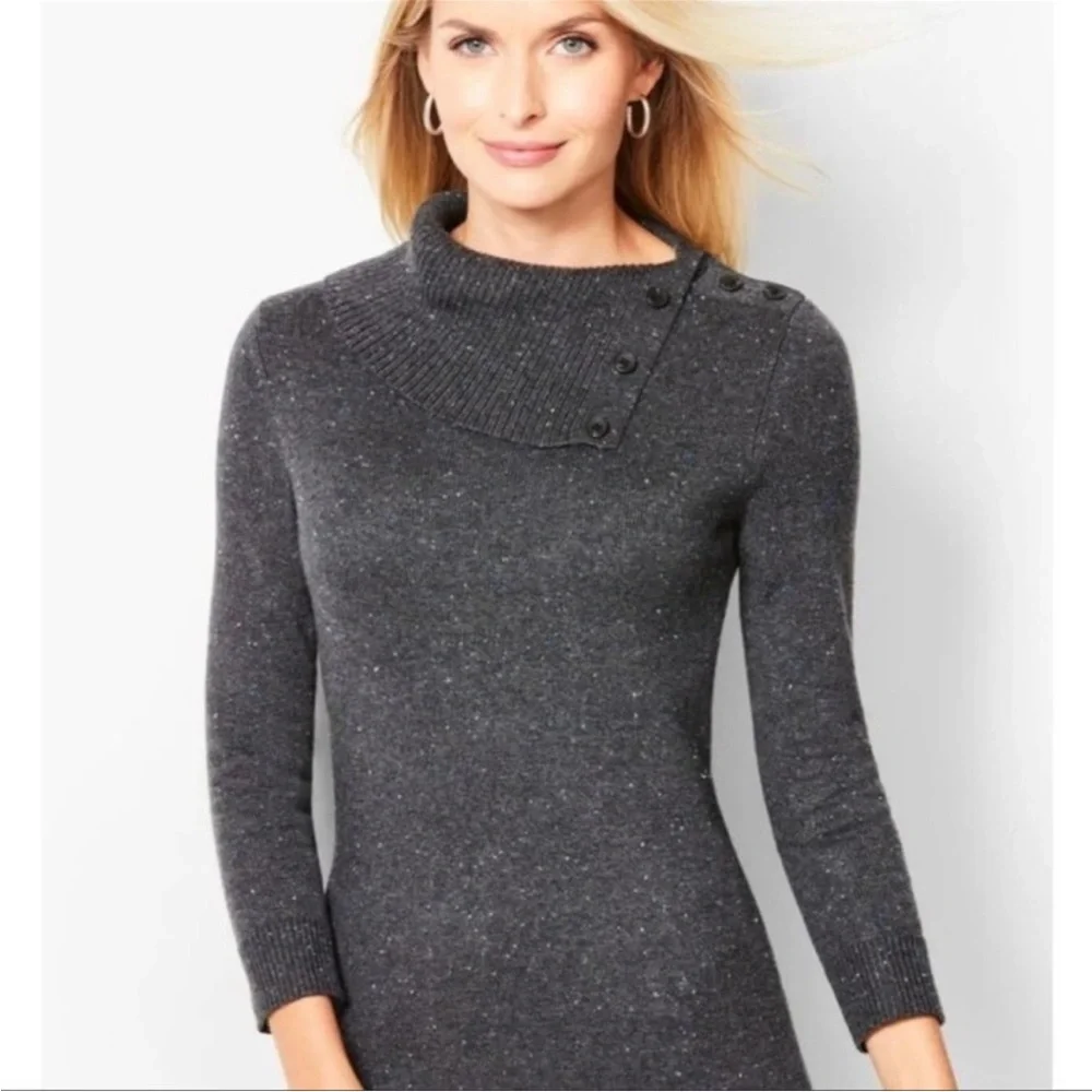 Talbots Sweater Dress Gray Donegal Speckled Cowl Neck Knit Size Small‎